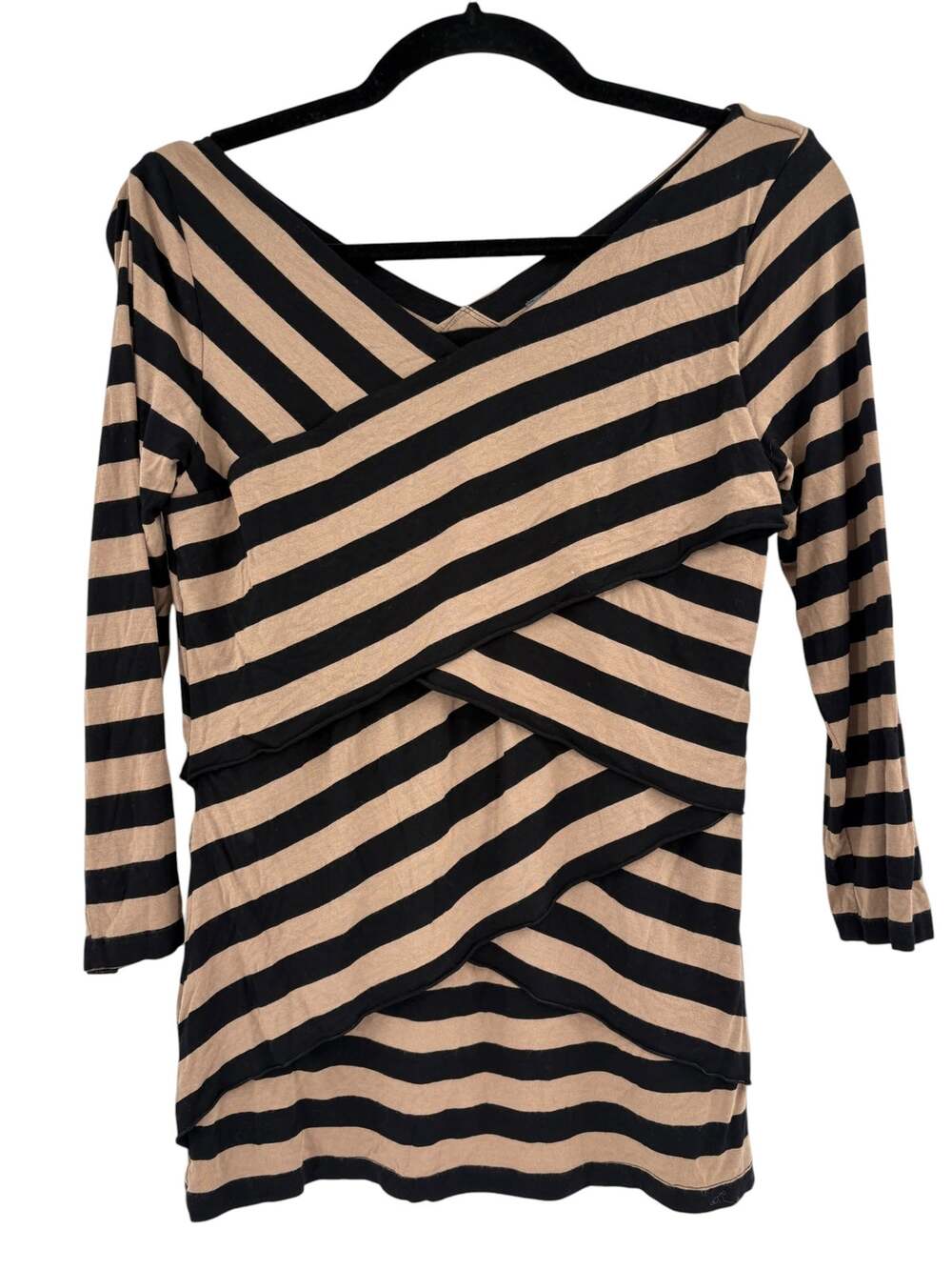 VINCE CAMUTO Top Size S Stretch Black Tan Stripe Asymmetrical Blouse